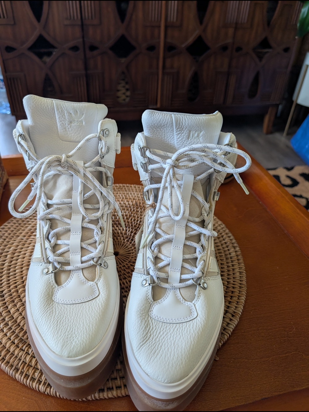 White Lace-Up Platform Boots with Brown Sole